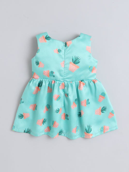 Many Frocks & Satin Sleeveless Bow Embellished Printed Knee Length Girl Party Dress - Green