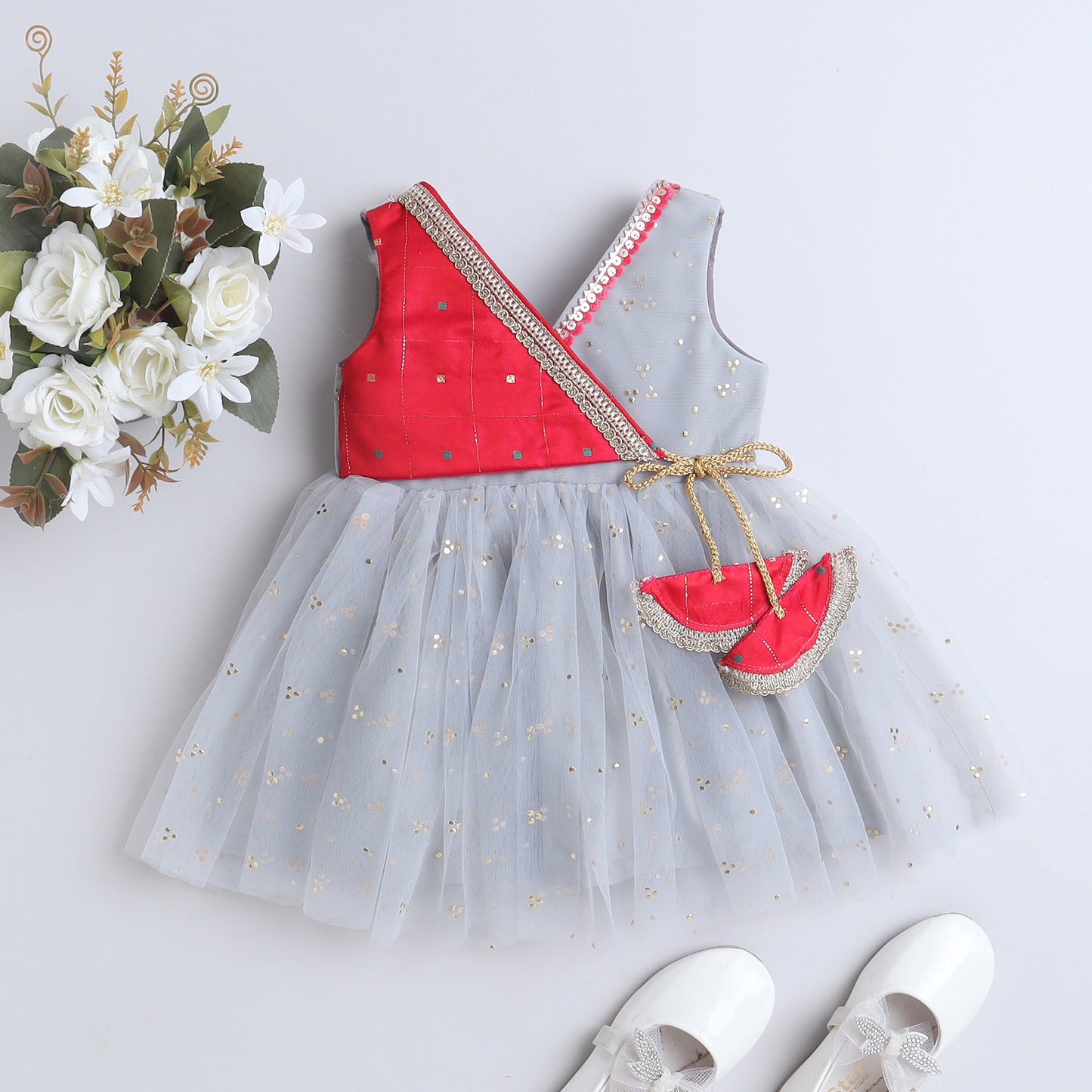Many Frocks & net sleeveless Boti koti and latkan embellished ethnic frock - Grey