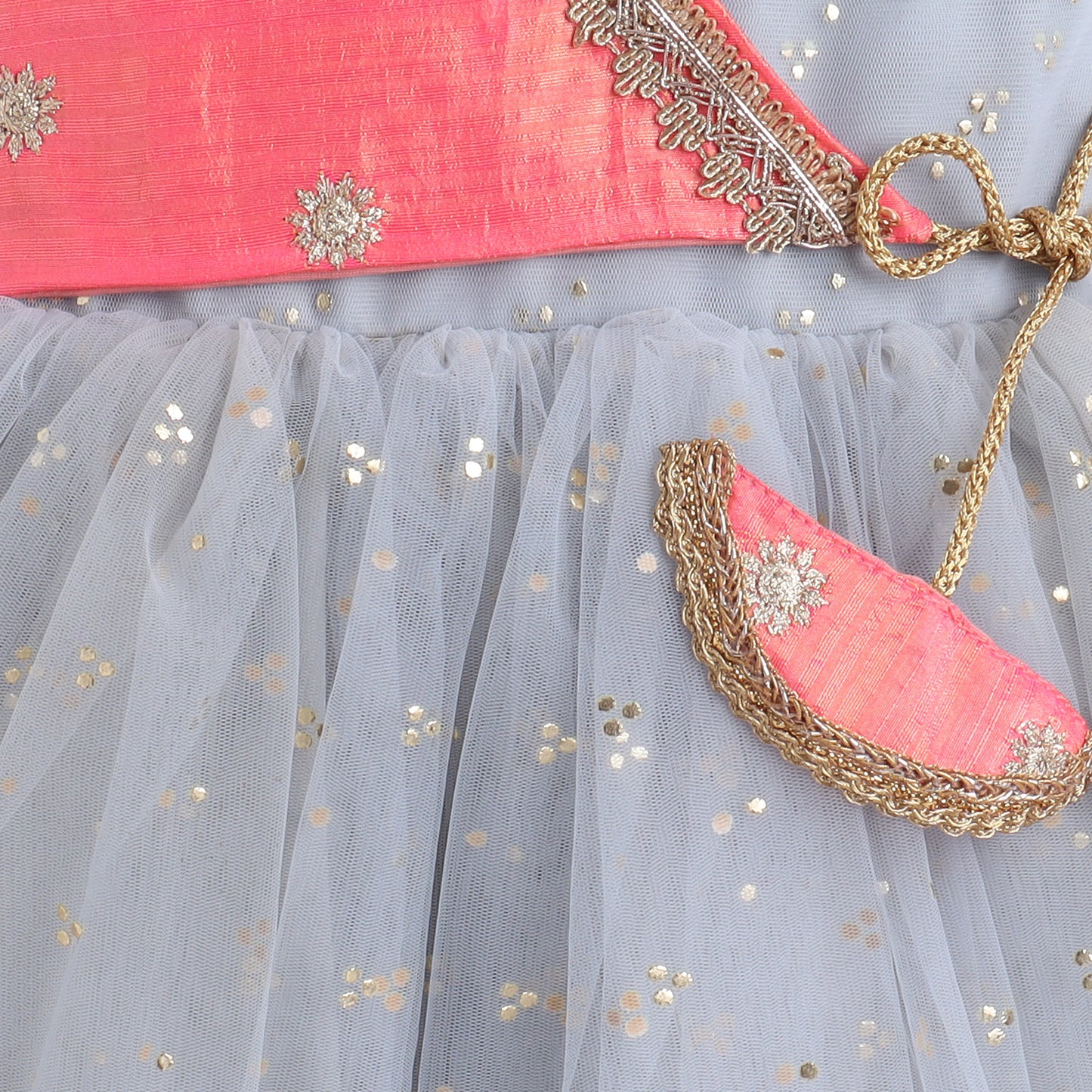 Many Frocks & net sleeveless silk koti and latkan embellished ethnic frock - Grey