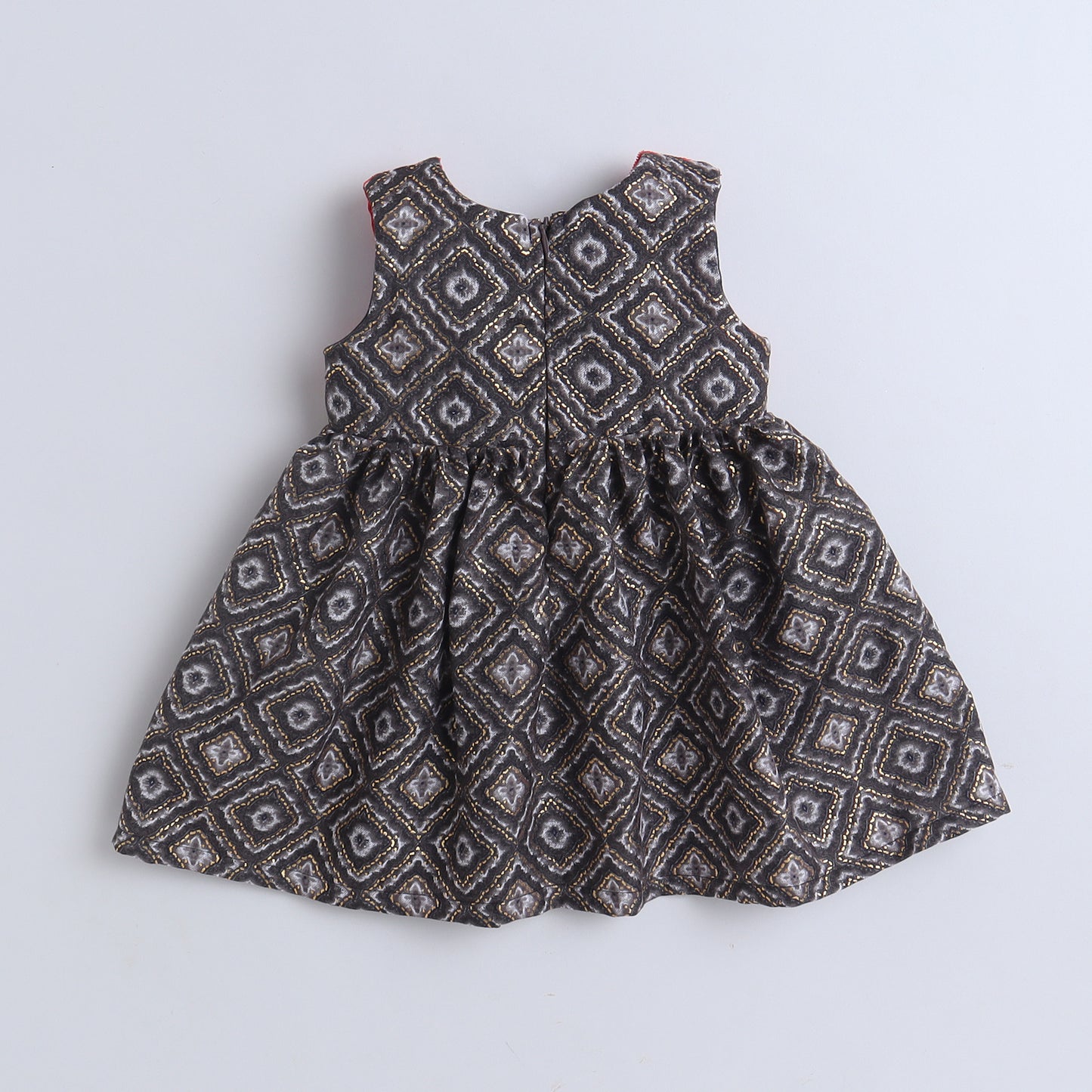 Many Frocks & velvet sleeveless dimond foil printed gold rose embellished ethnic dress-Black & Red