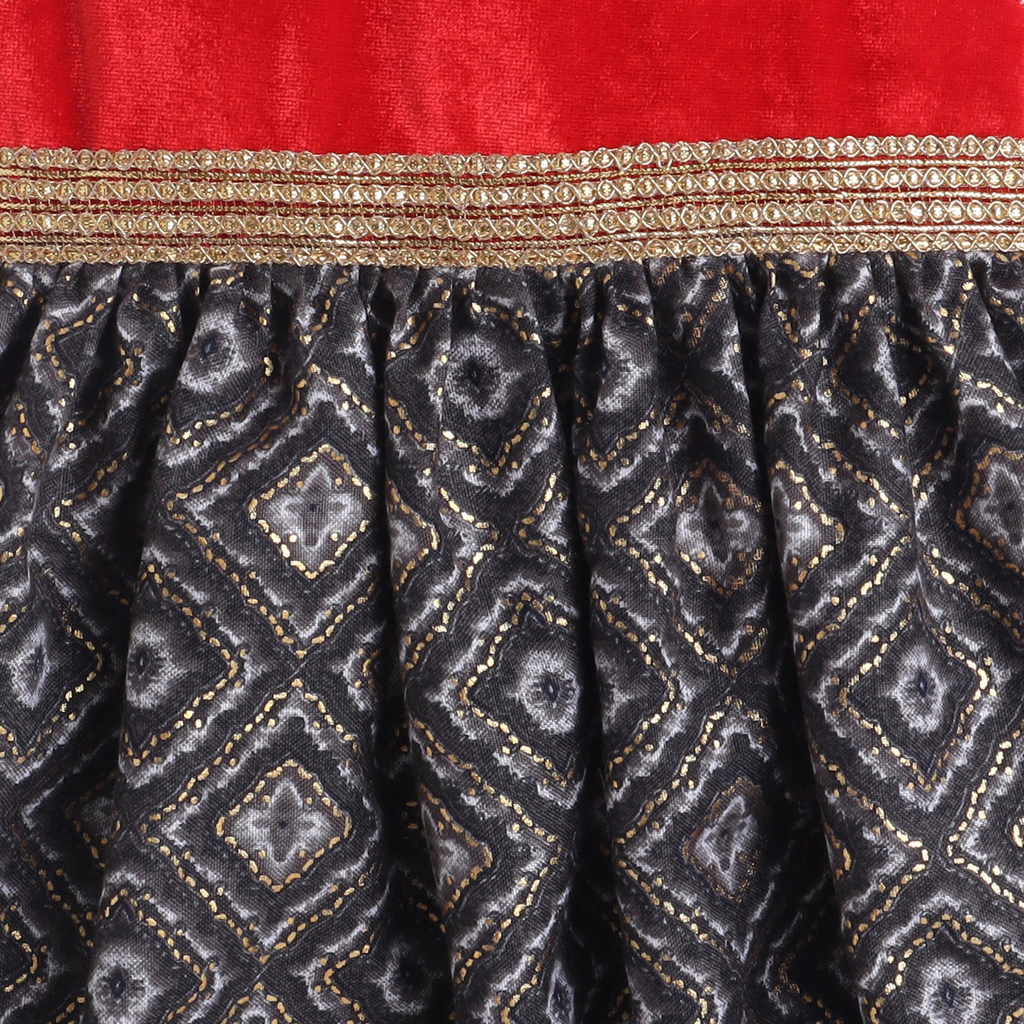 Many Frocks & velvet sleeveless dimond foil printed gold rose embellished ethnic dress-Black & Red