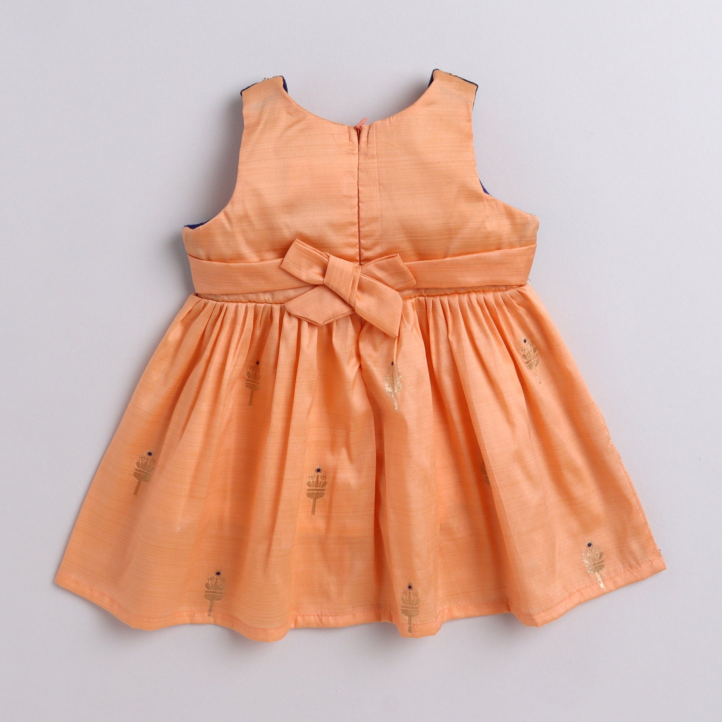 Many Frocks & velvet body sleeveless knee length lace embellished ethnic dress - Peach & Blue