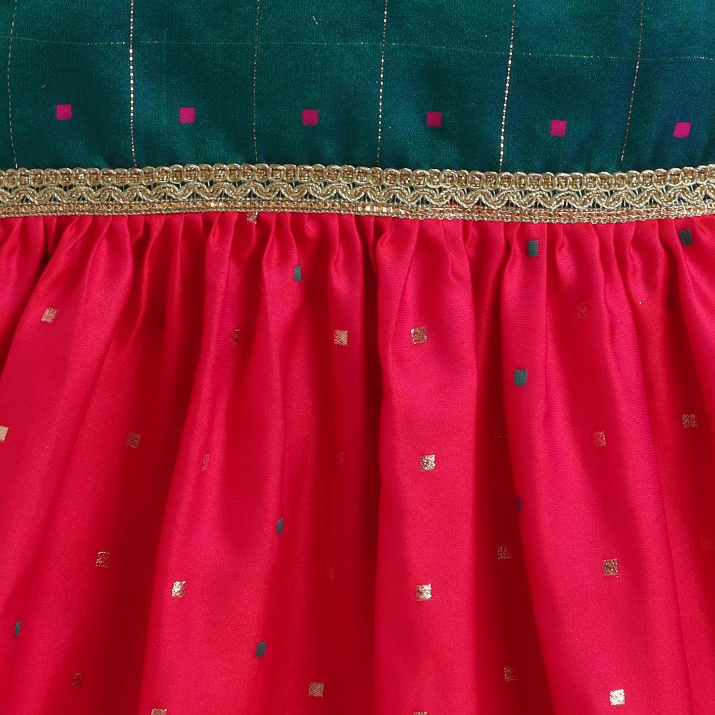 Many Frocks & woven boti & lace embellised flutter sleeves knee length ethnic dress - Pink & Green