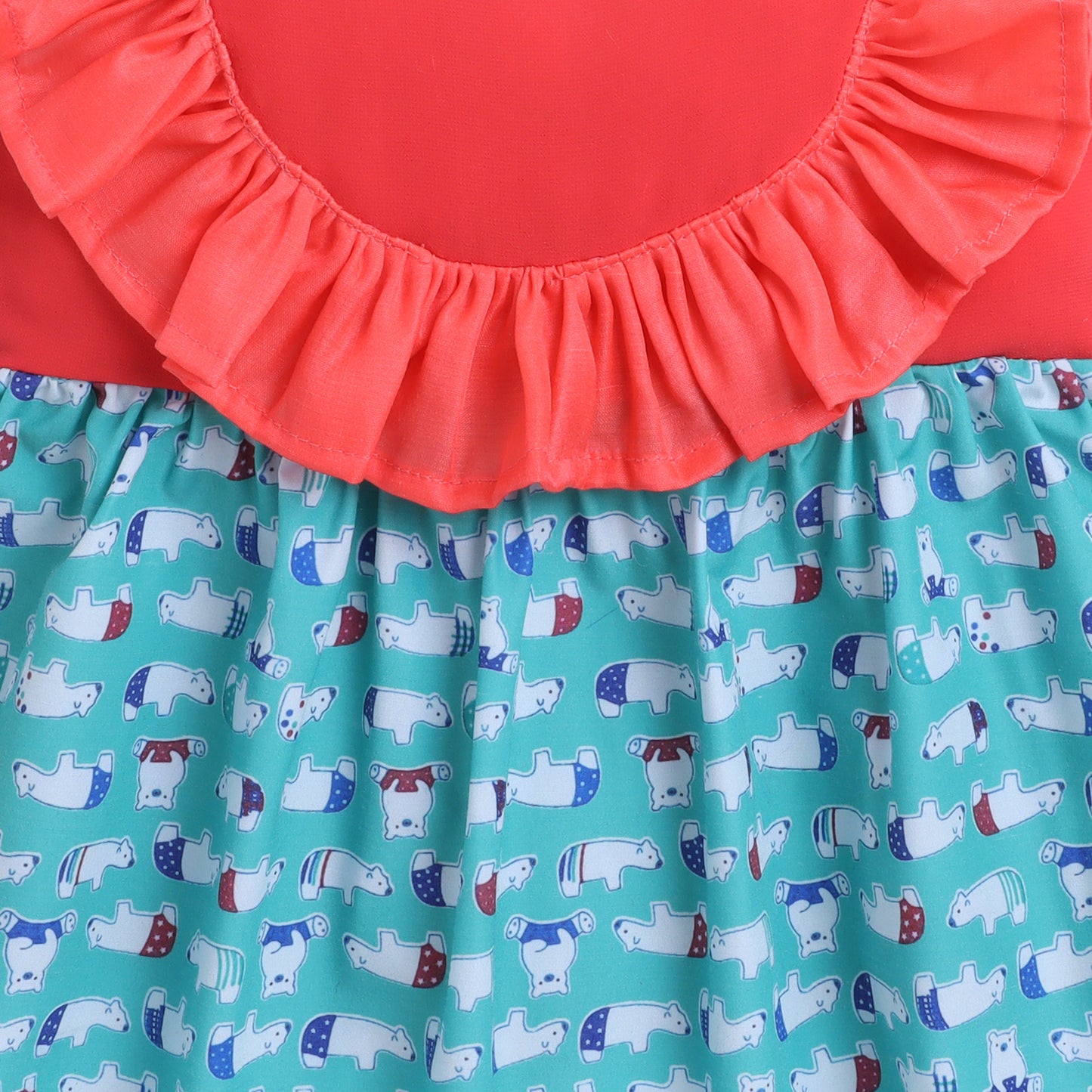 Many Frocks & cotton sleeveless knee length frilled bear printed baby casual dress-Pink & Green