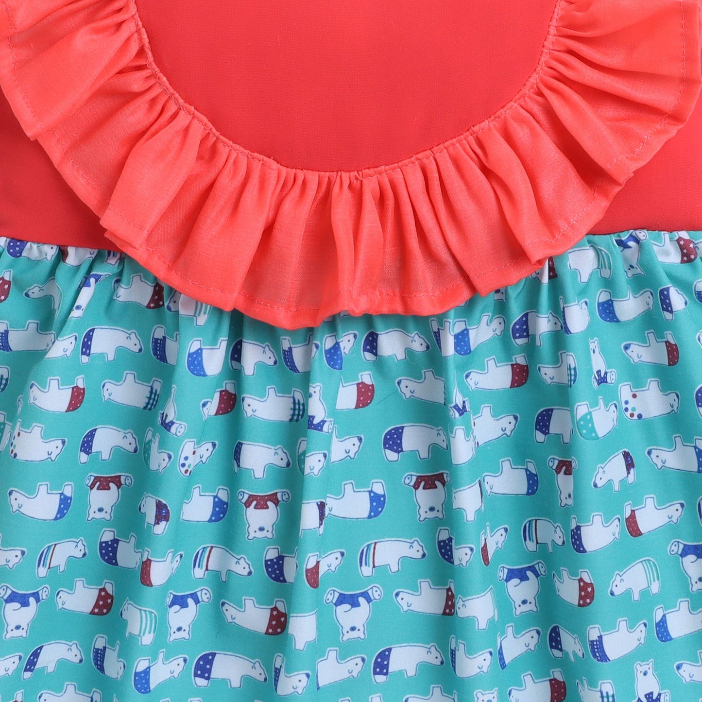 Many Frocks & Cotton Sleeveless Frilled Bear Printed Knee Length Baby Casual Dress-Pink & Green