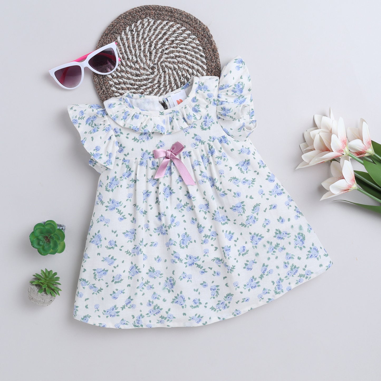Many Frocks & cotton frill sleeves knee length floral printed baby casual dress- White &Blue