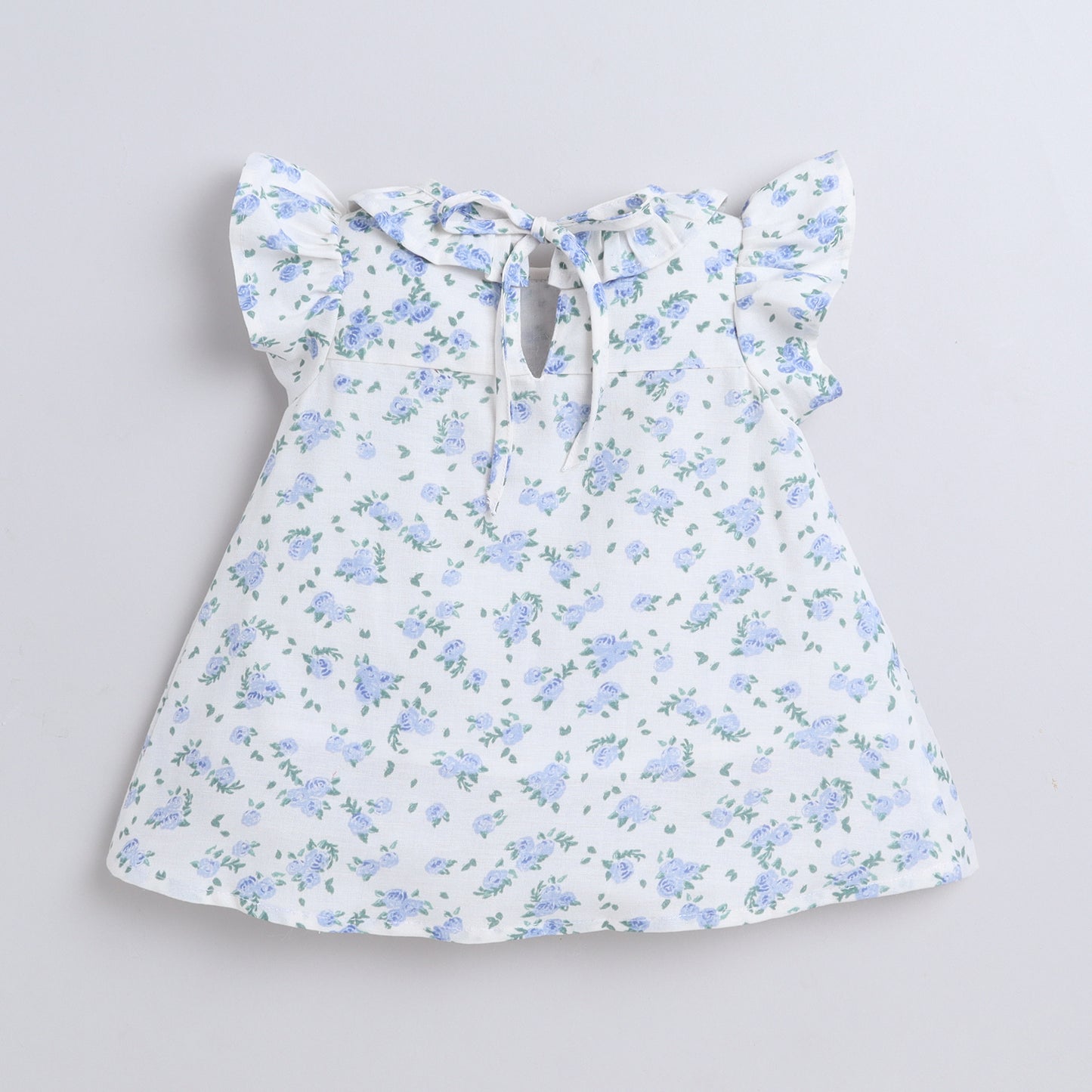 Many Frocks & cotton frill sleeves knee length floral printed baby casual dress- White &Blue