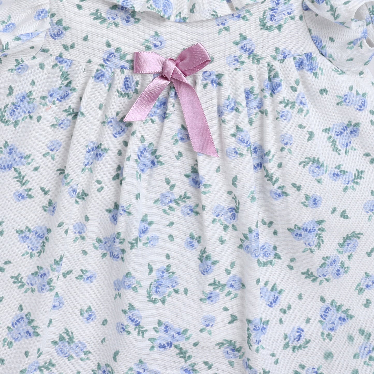 Many Frocks & cotton frill sleeves knee length floral printed baby casual dress- White &Blue