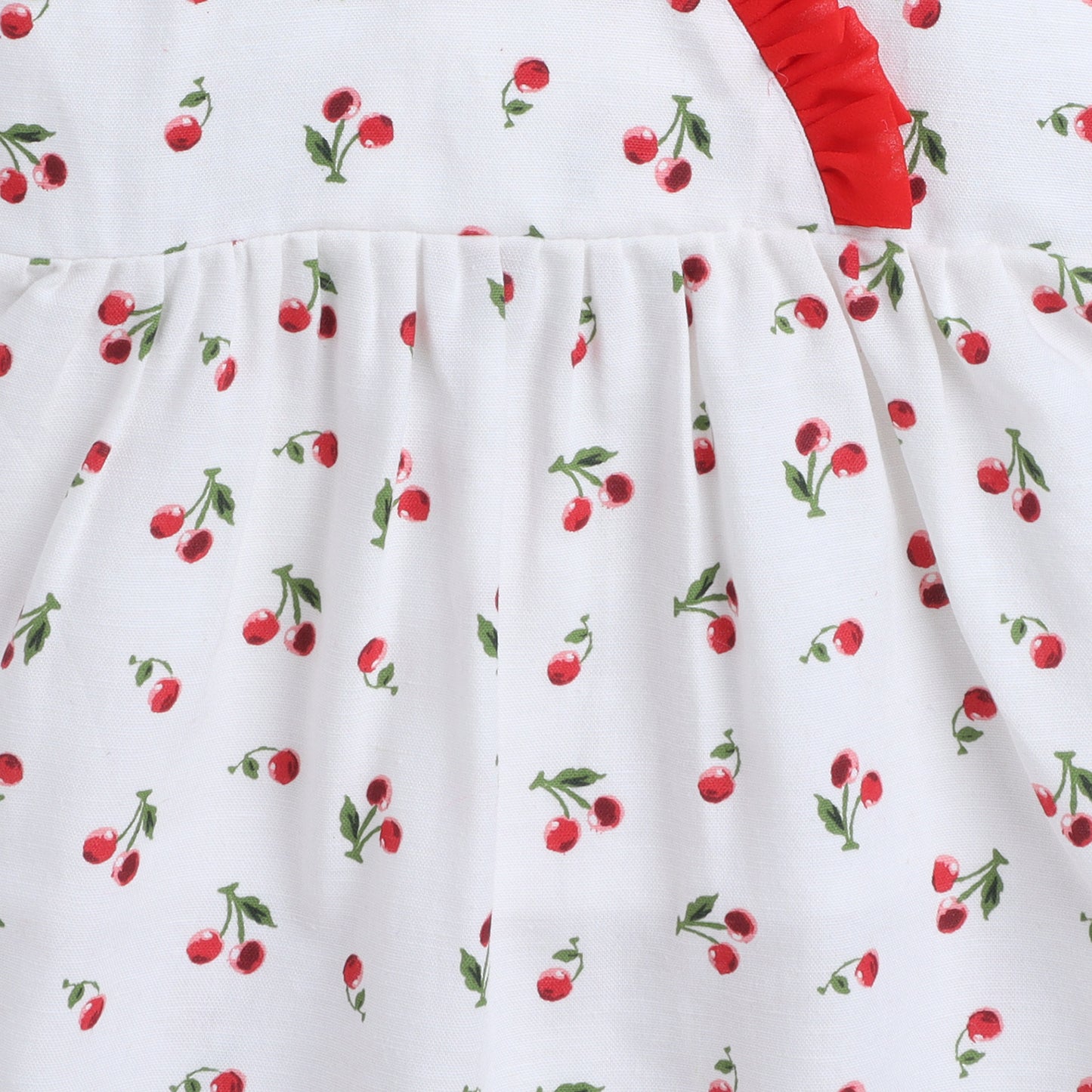 Many Frocks & Cotton Sleeveless Tie Up Cherry Printed Knee Length Baby Casual Dress-White
