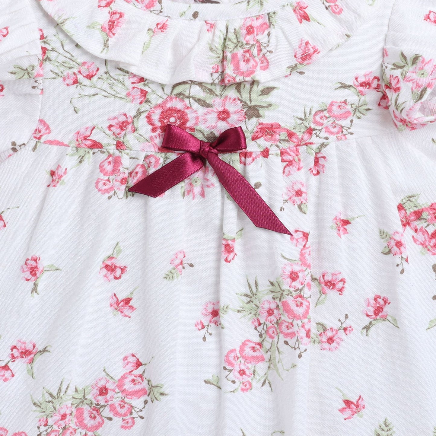 Many Frocks & cotton frill sleeves knee length floral printed baby casual dress- White &Pink