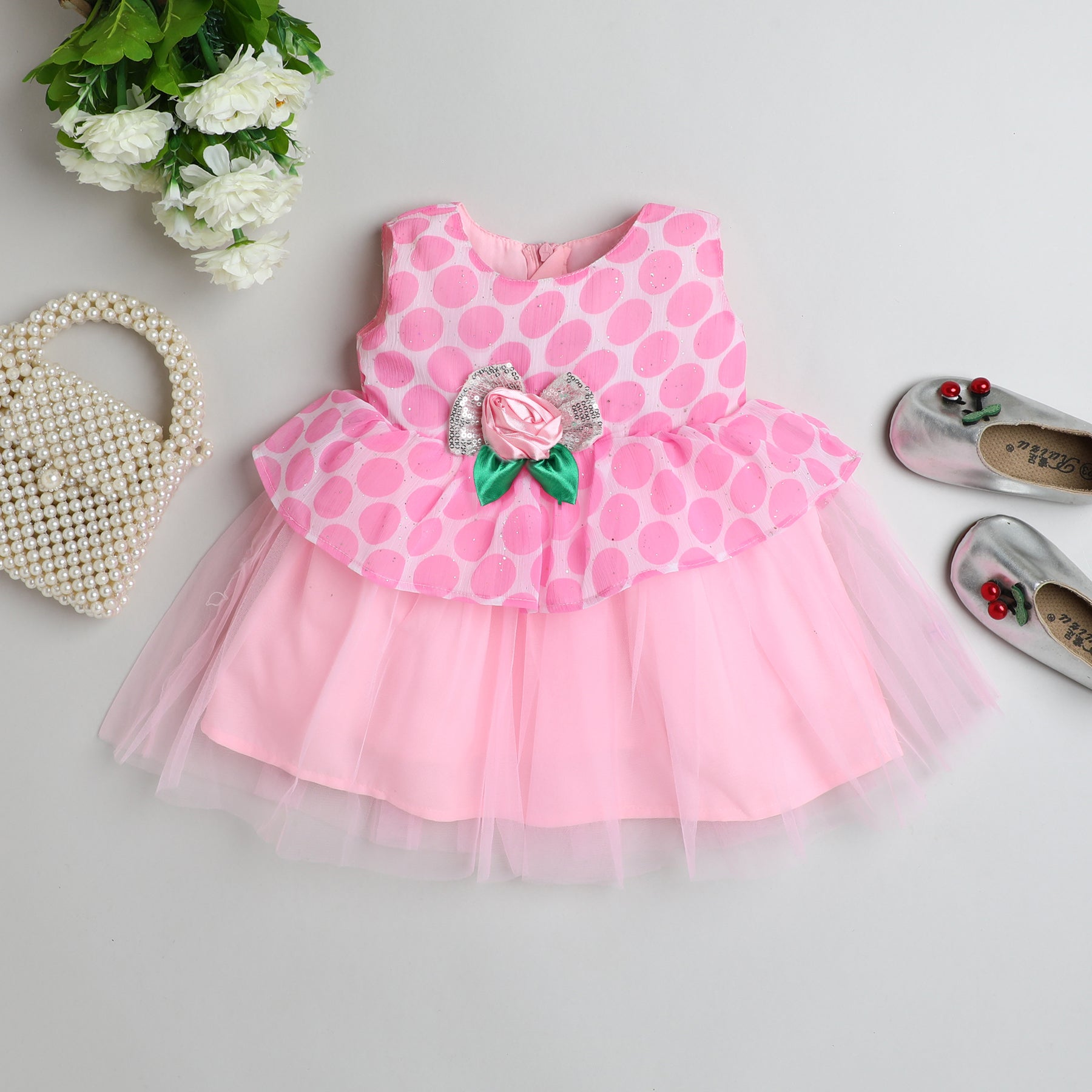 Many Frocks gorgette sleeveless knee length rose embellished polka dot printed baby party dress-Pink