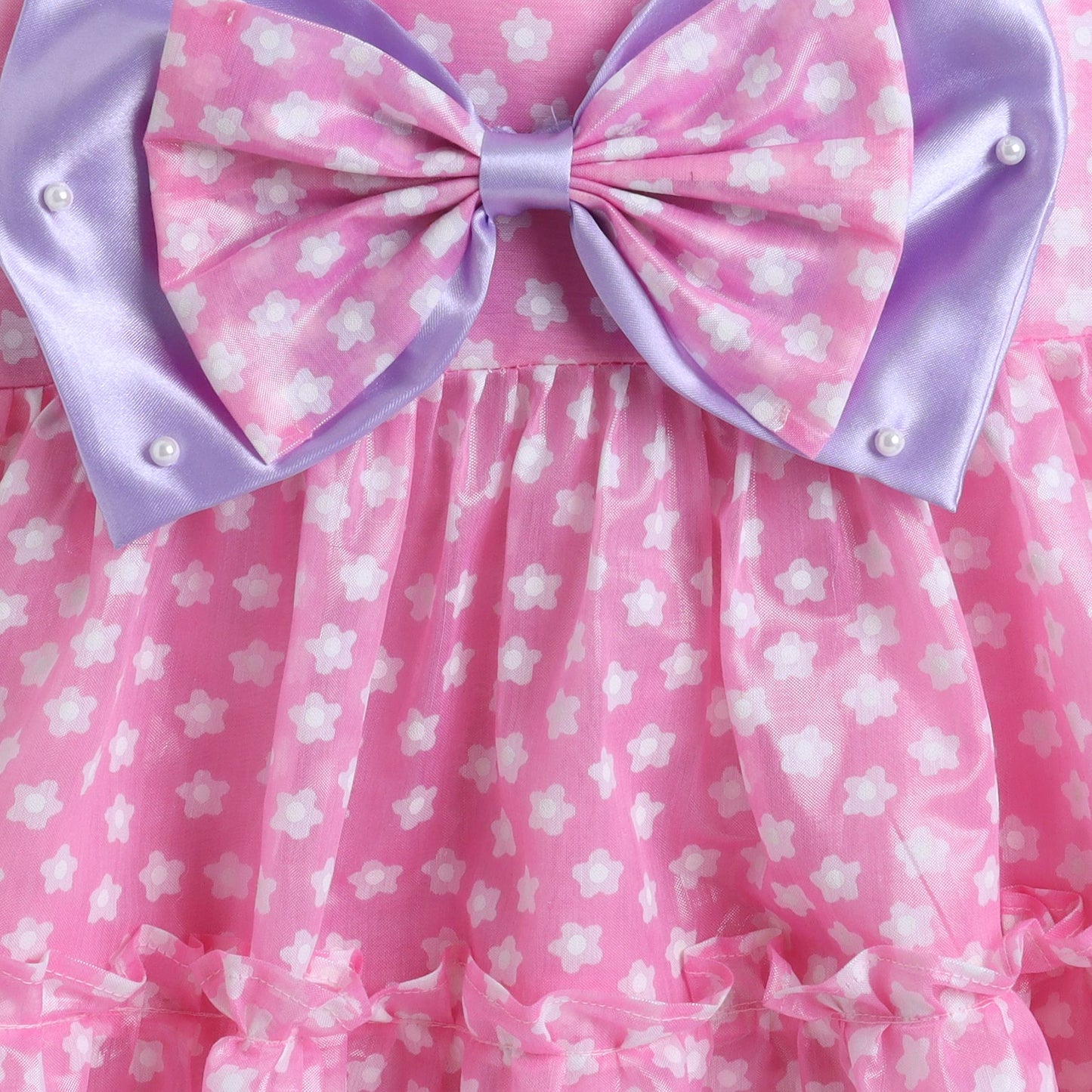 Many Frocks & tissue sleeveless double bow and bead embellished knee length floral printed girls party dress - Pink