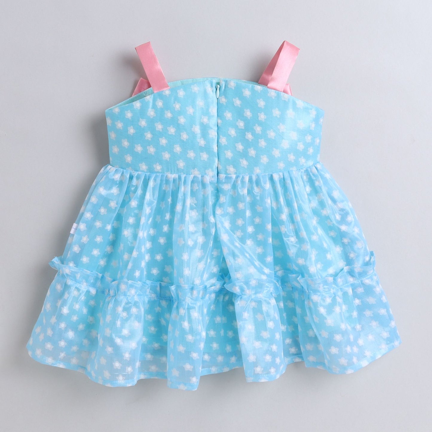 Many Frocks & tissue sleeveless double bow and bead embellished knee length floral printed girls party dress - Blue