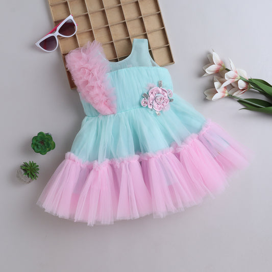 Many Frocks & net sleeveless flower brooch embellished party dress- Sea Green & Pink