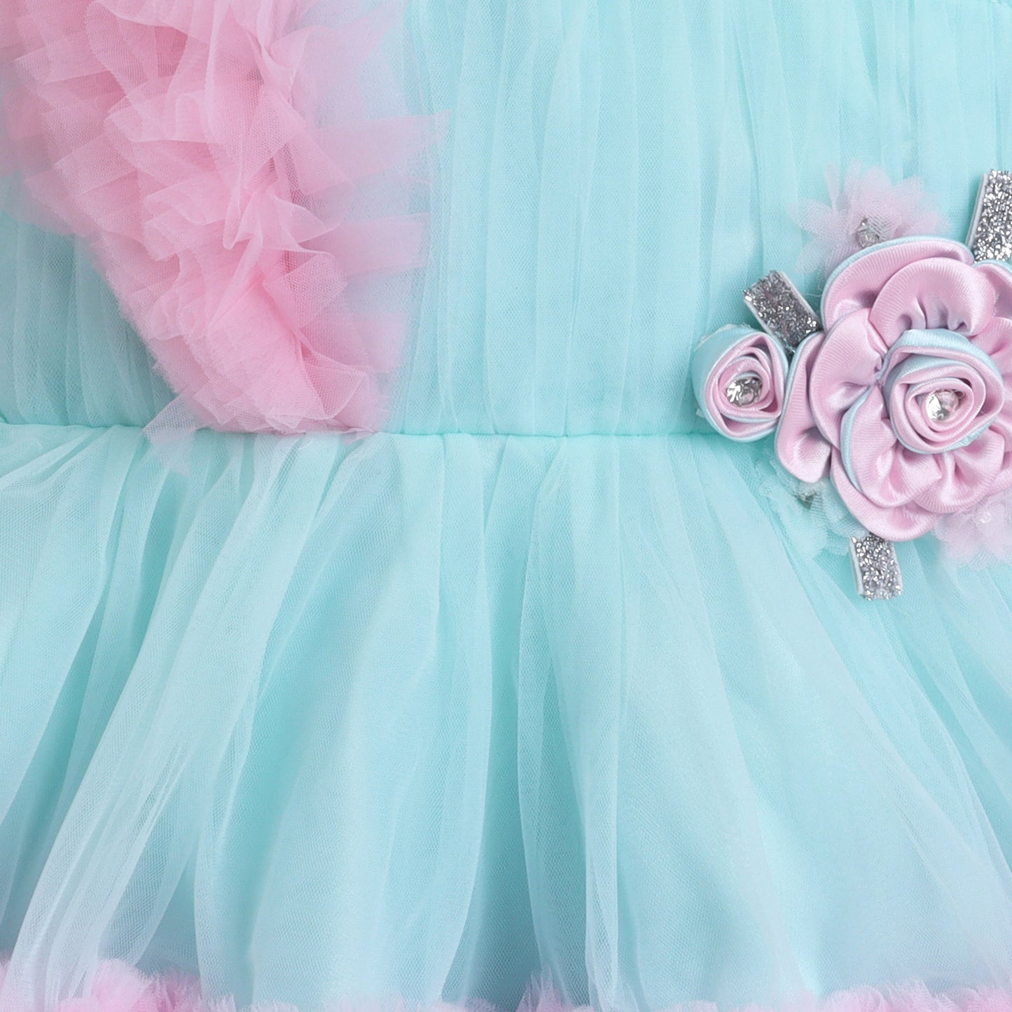 Many Frocks & net sleeveless flower brooch embellished party dress- Sea Green & Pink