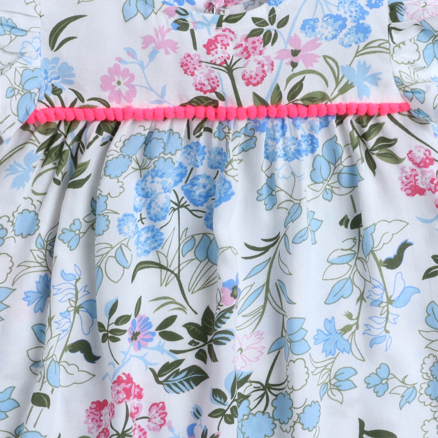 Many Frocks & Cotton Flutter Sleeves Floral Printed Knee Length Baby Causal Dress - White