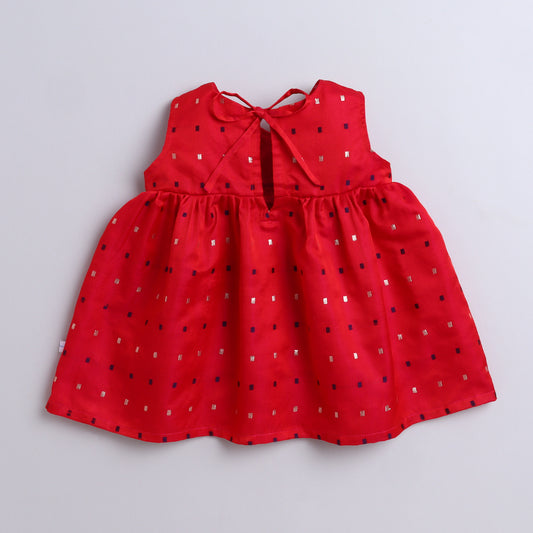 Many Frocks & sleeveless knee length woven boti lace embellished ethnic dress - Pink