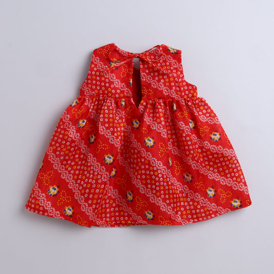 Many Frocks & bandhani sleeveless lace embellished knee length ethnic dress - Red