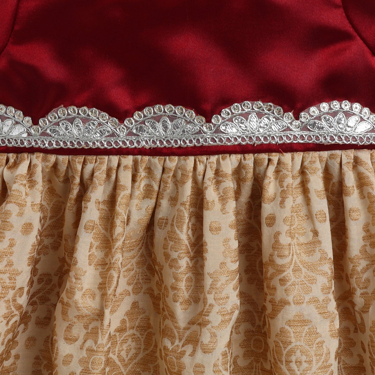 Many Frocks & Satin & brocade lace embellished puff sleeves knee length ethnic dress - Maroon & Beige