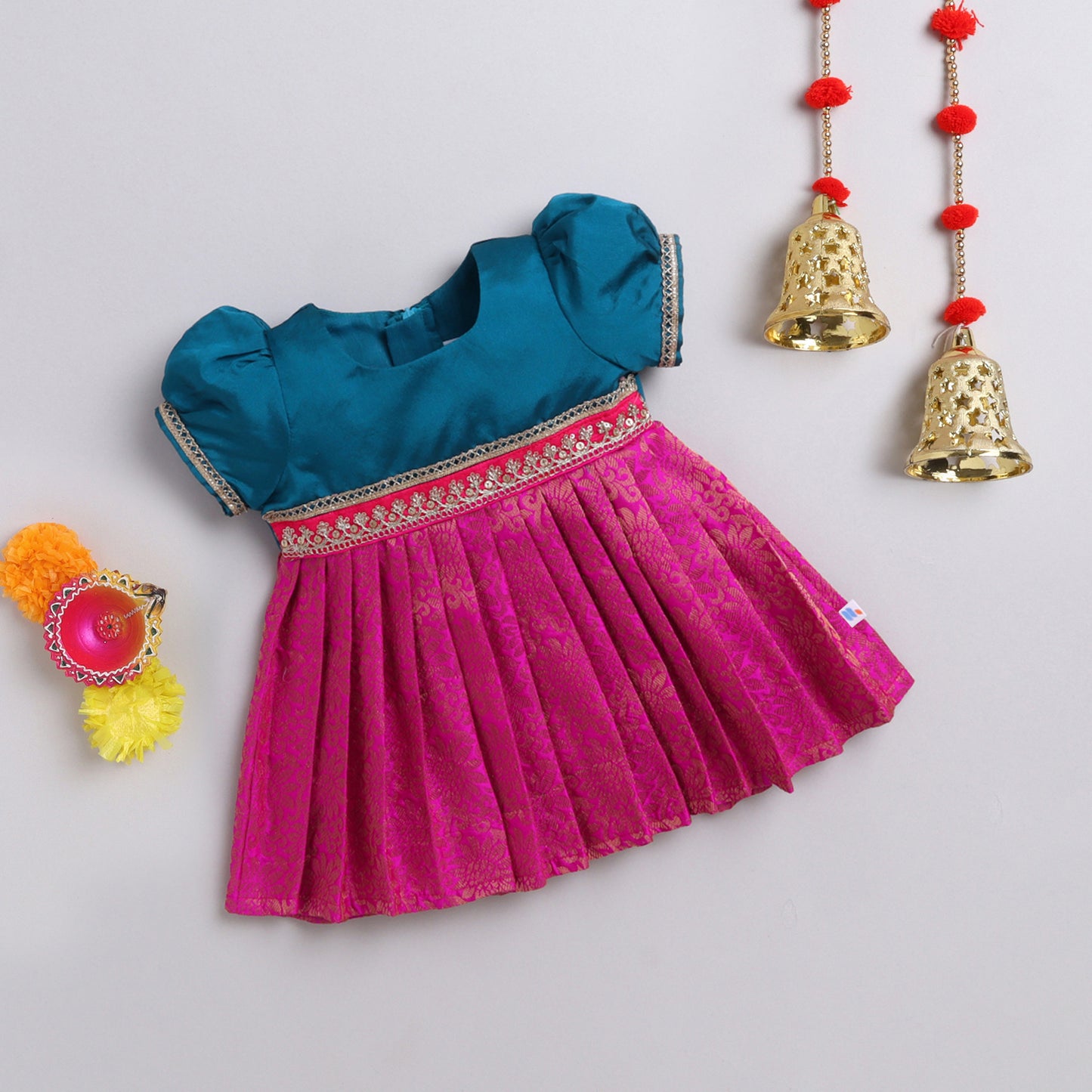 Many Frocks & brocade lace embellished puff sleeves knee length ethnic dress - Blue & Pink