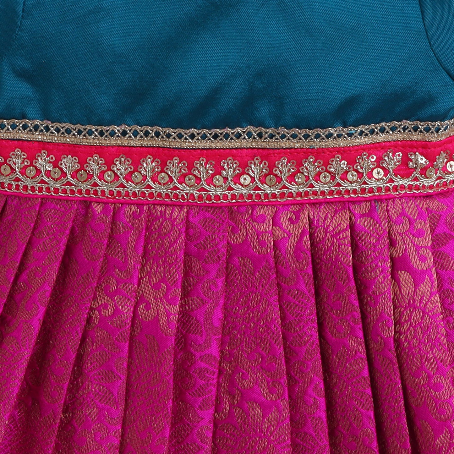Many Frocks & brocade lace embellished puff sleeves knee length ethnic dress - Blue & Pink