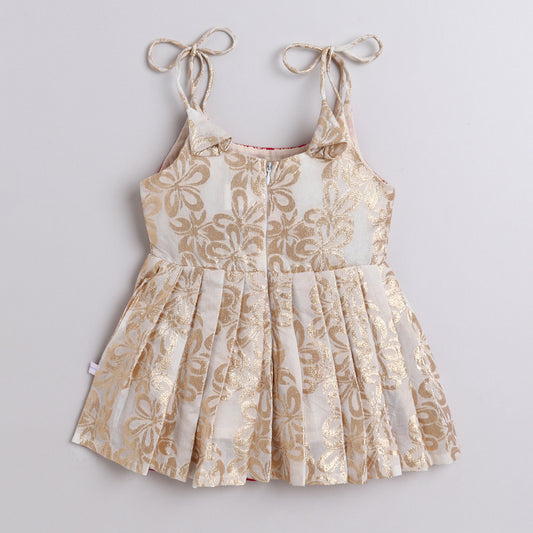 Many Frocks & floral banarasi lace embellished knee length ethnic dress - Cream & Pink