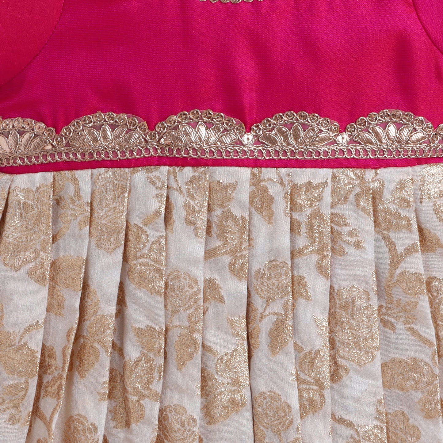 Many Frocks & floral banarasi scallop lace embellished puff sleeves knee length ethnic frock - Pink & Cream