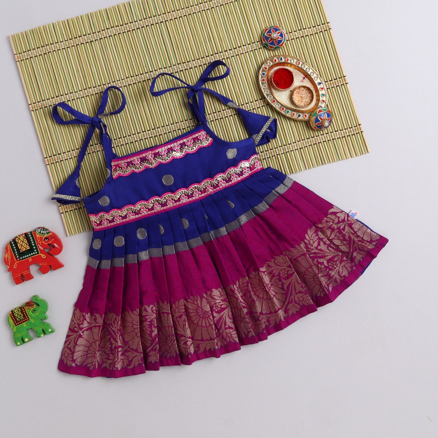 Many Frocks & cotton sleeveless woven boti lace embellished knee length ethnic dress - Blue & Purple