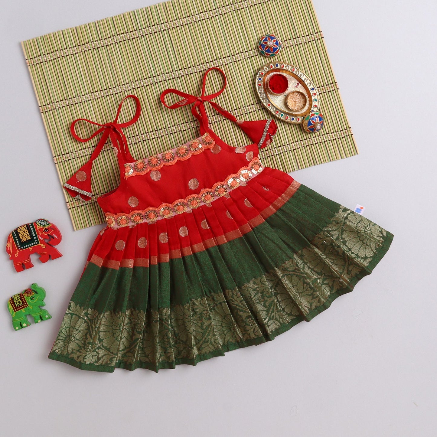 Many Frocks & cotton sleeveless woven boti lace embellished knee length ethnic dress - Red & Green