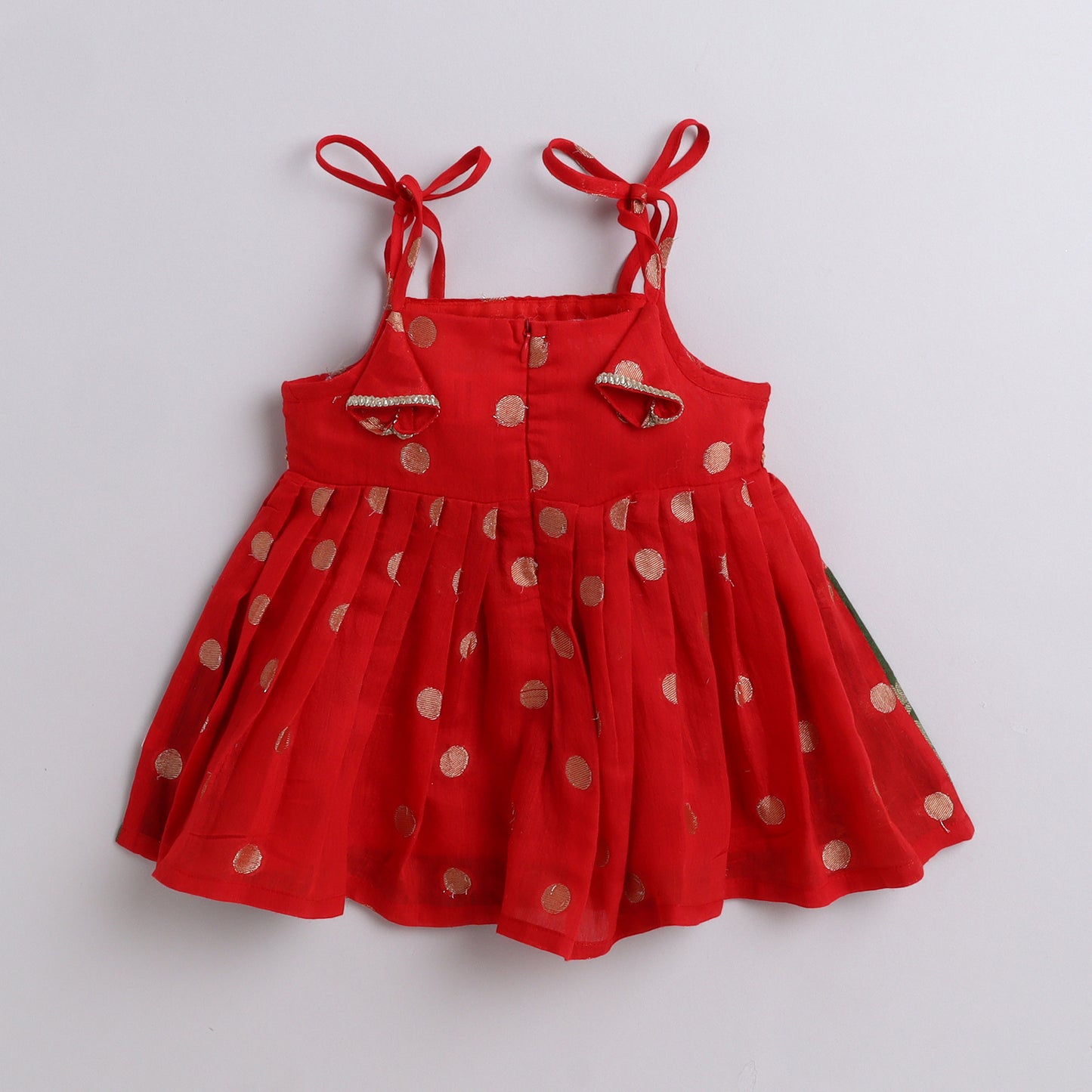 Many Frocks & cotton sleeveless woven boti lace embellished knee length ethnic dress - Red & Green