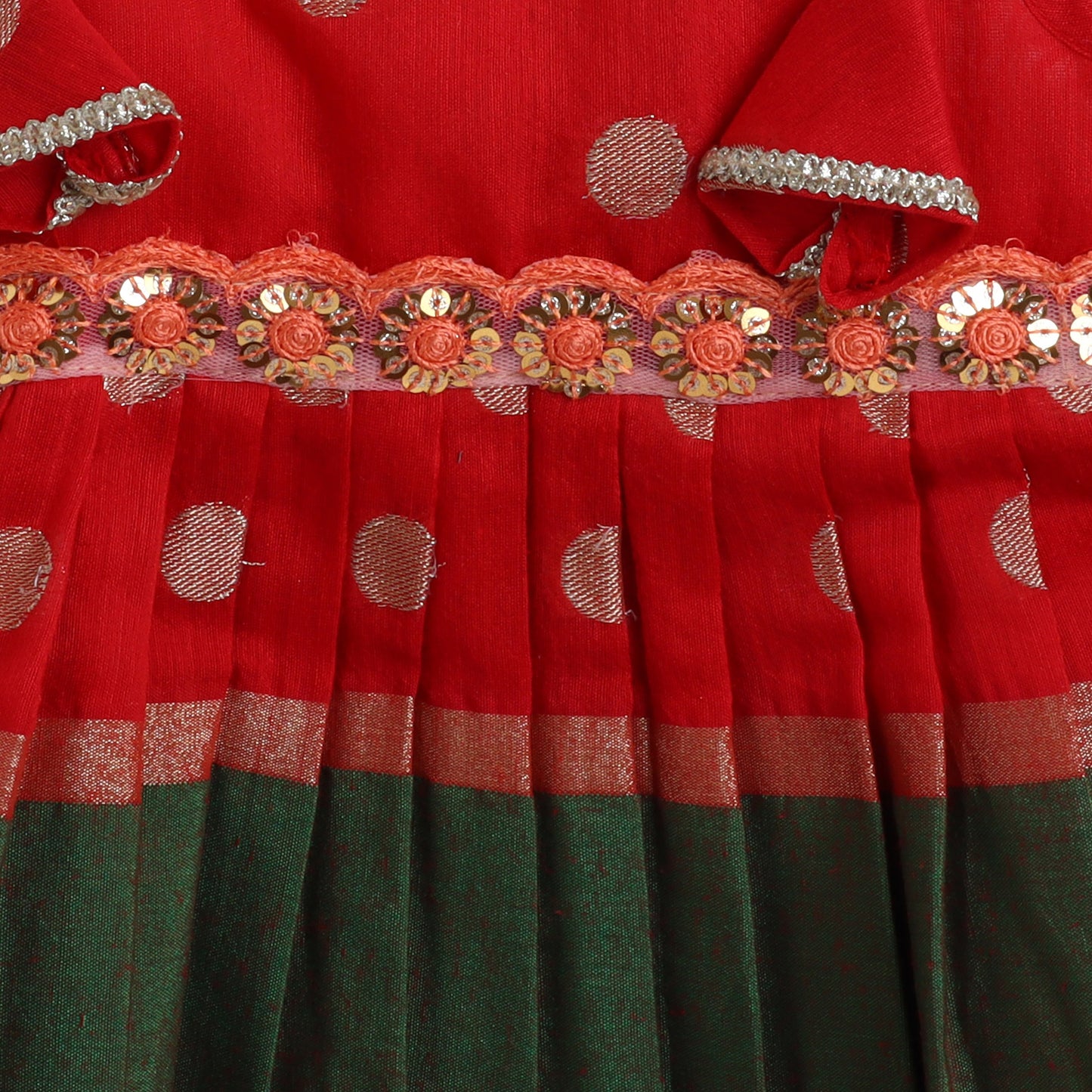 Many Frocks & cotton sleeveless woven boti lace embellished knee length ethnic dress - Red & Green