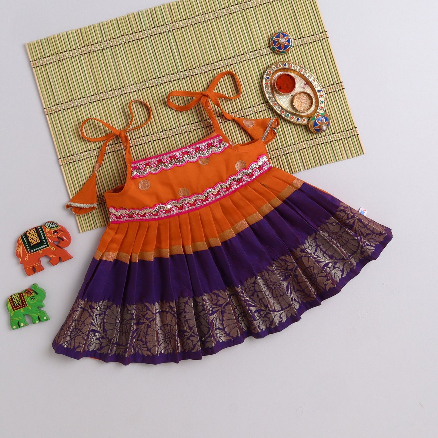 Many Frocks & cotton sleeveless woven boti lace embellished knee length ethnic dress - Orange & Blue