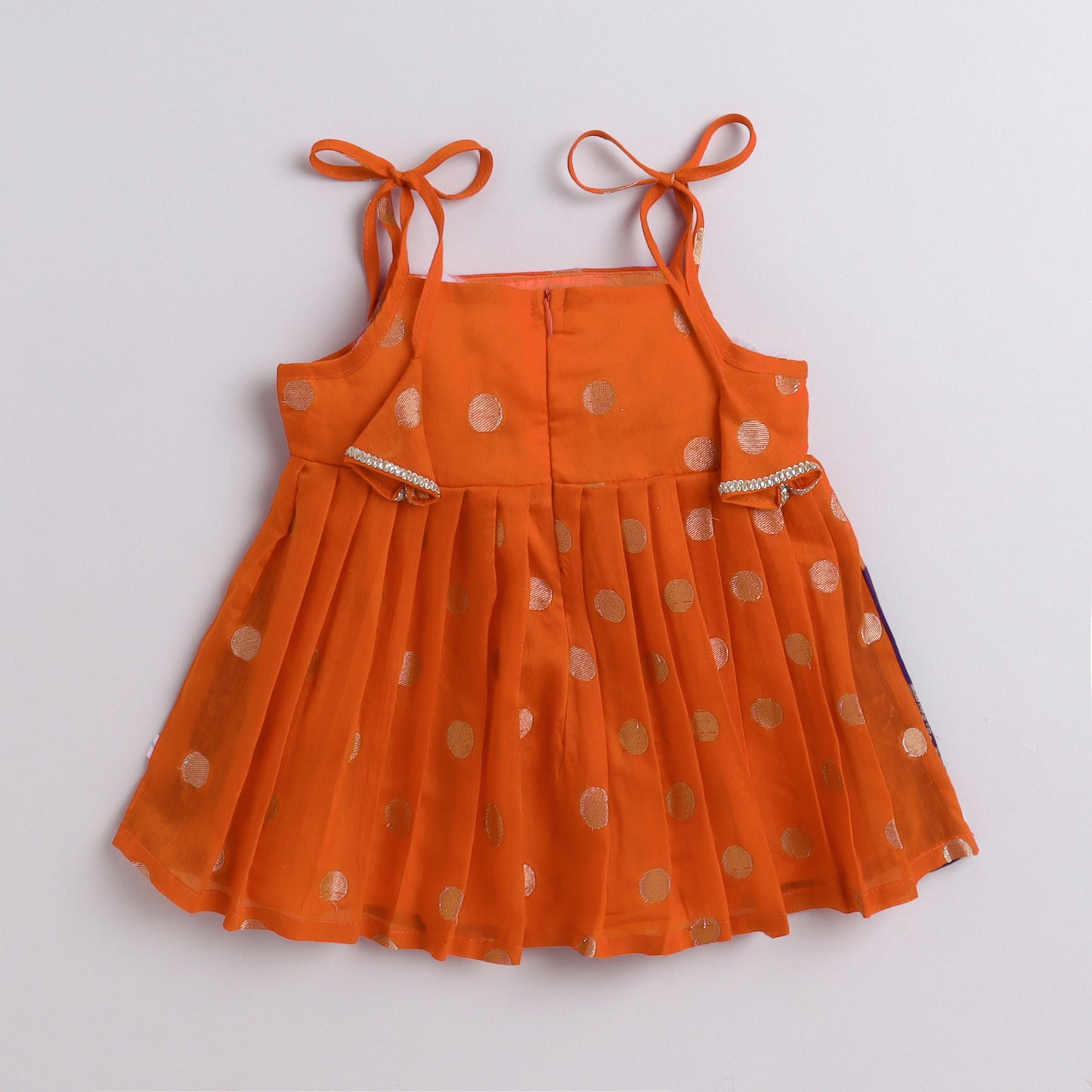 Many Frocks & cotton sleeveless woven boti lace embellished knee length ethnic dress - Orange & Blue