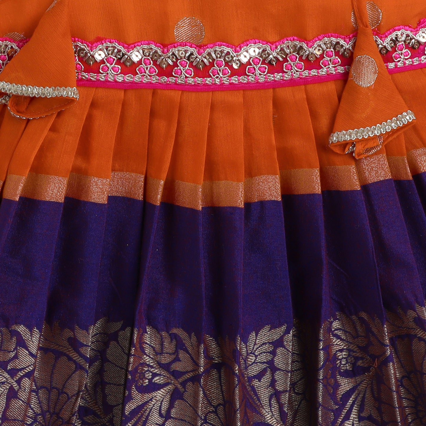 Many Frocks & cotton sleeveless woven boti lace embellished knee length ethnic dress - Orange & Blue