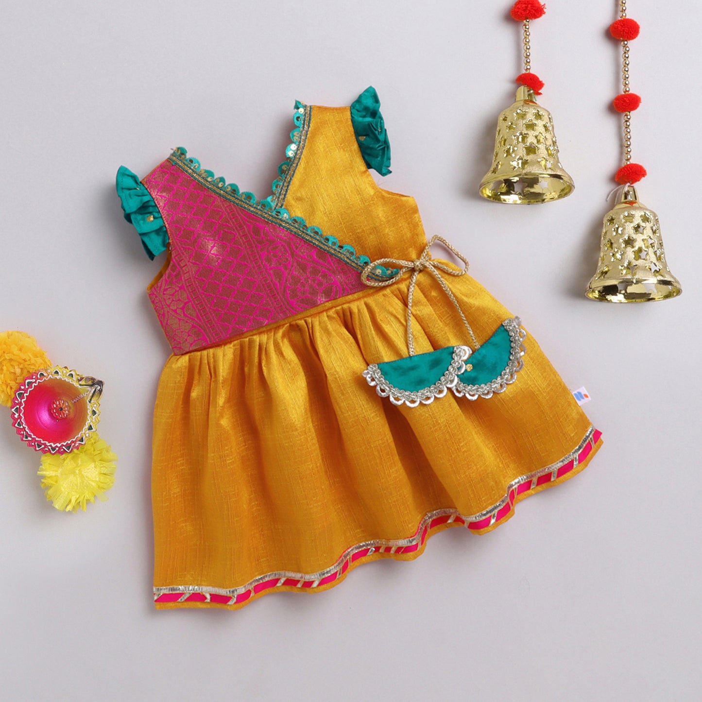 Many Frocks & banarasi koti flutter sleeves and latkan embellished knee length ethnic frock - Yellow & Pink