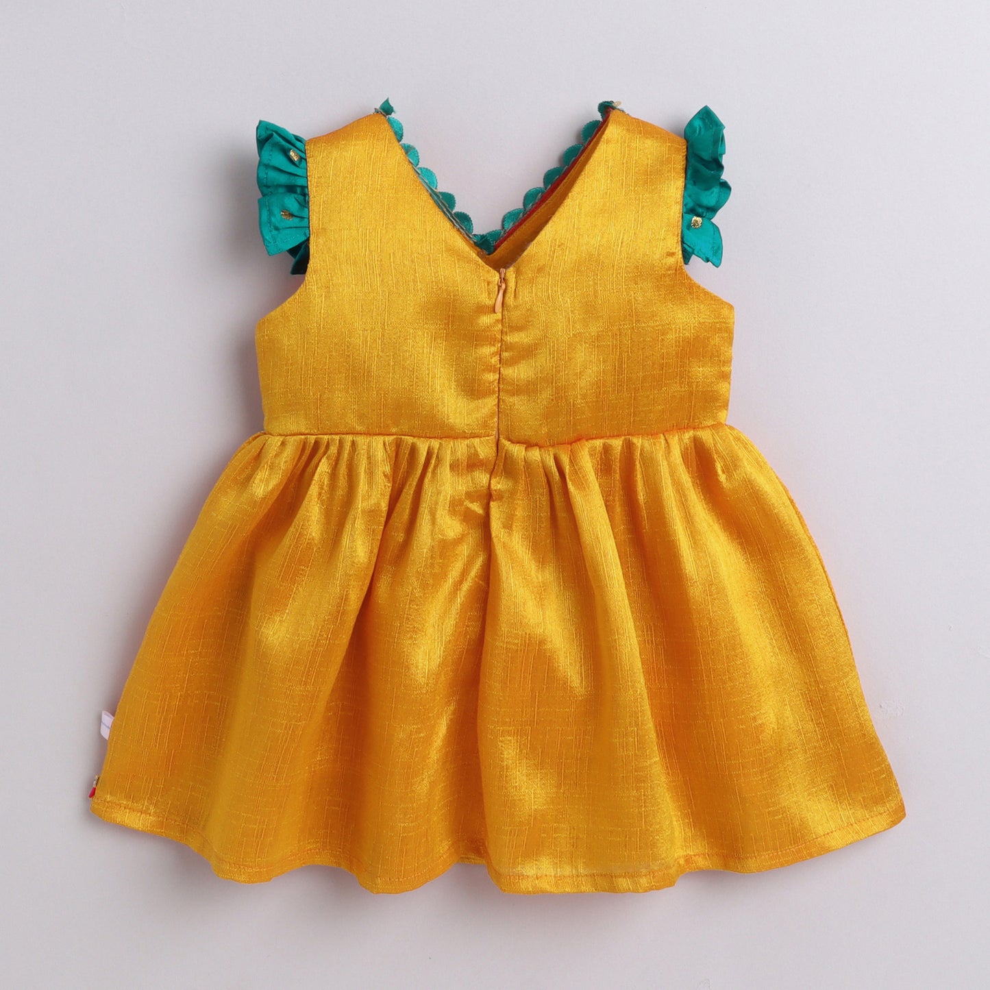 Many Frocks & banarasi koti flutter sleeves and latkan embellished knee length ethnic frock - Yellow & Pink