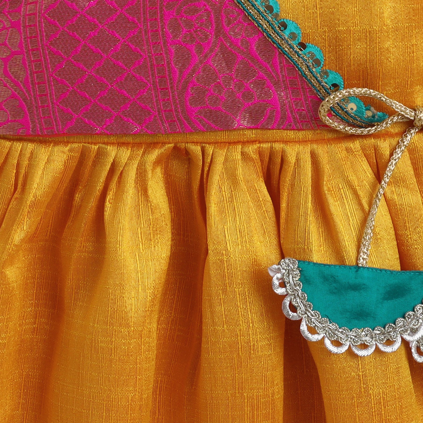 Many Frocks & banarasi koti flutter sleeves and latkan embellished knee length ethnic frock - Yellow & Pink