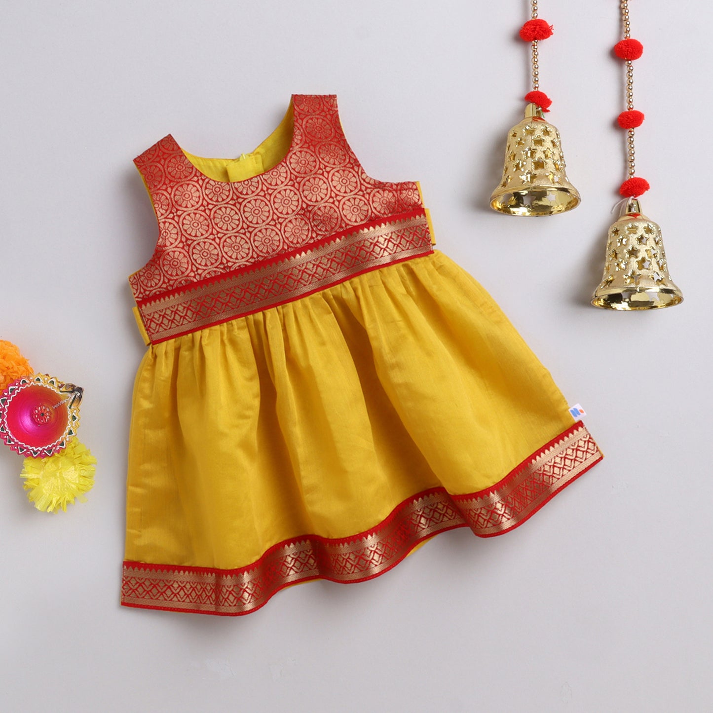 Many Frocks brocade & chanderi sleeveless lace embellished knee length ethnic dress - Red & Yellow