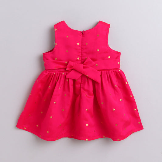 Many Frocks & sleeveless lace embellished woven boti knee length ethnic dress - Pink