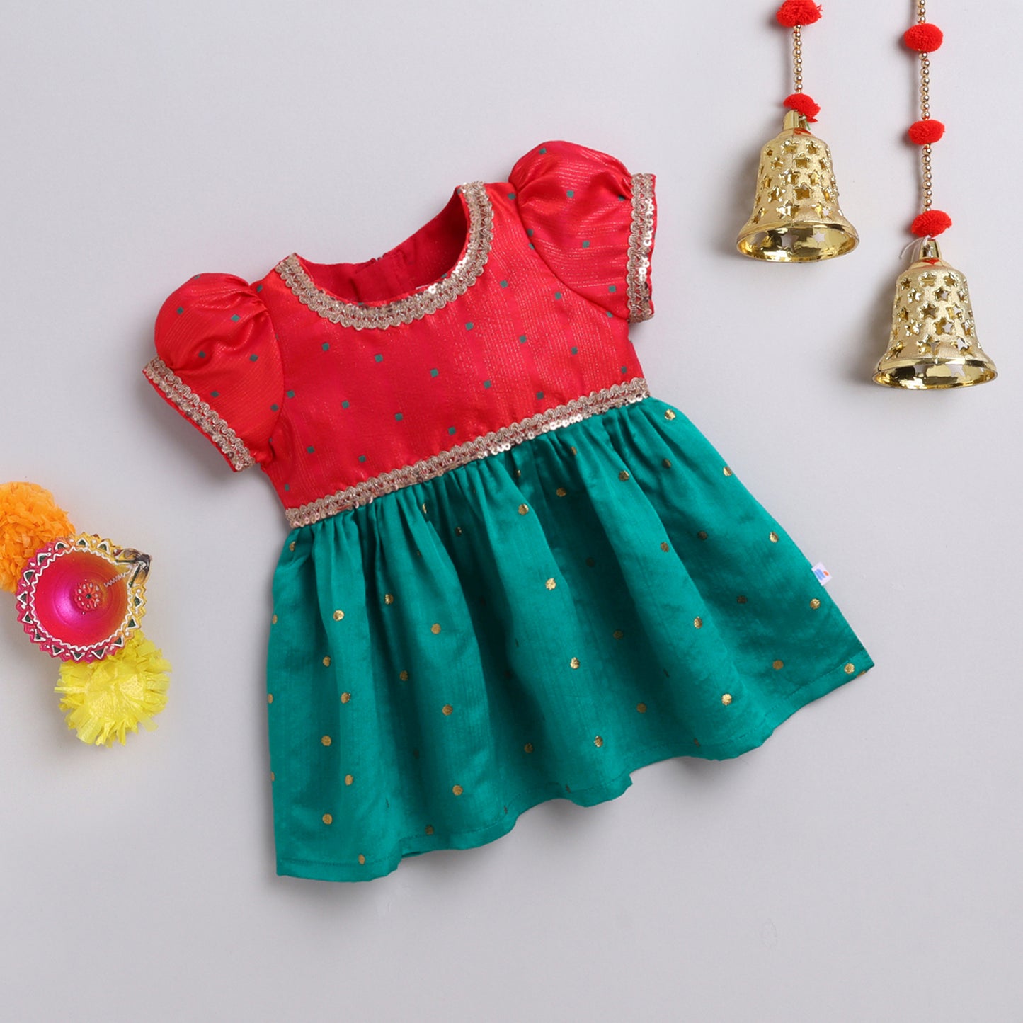 Many Frocks & woven boti lace embellished puff sleeves knee length ethnic frock - Pink & Green
