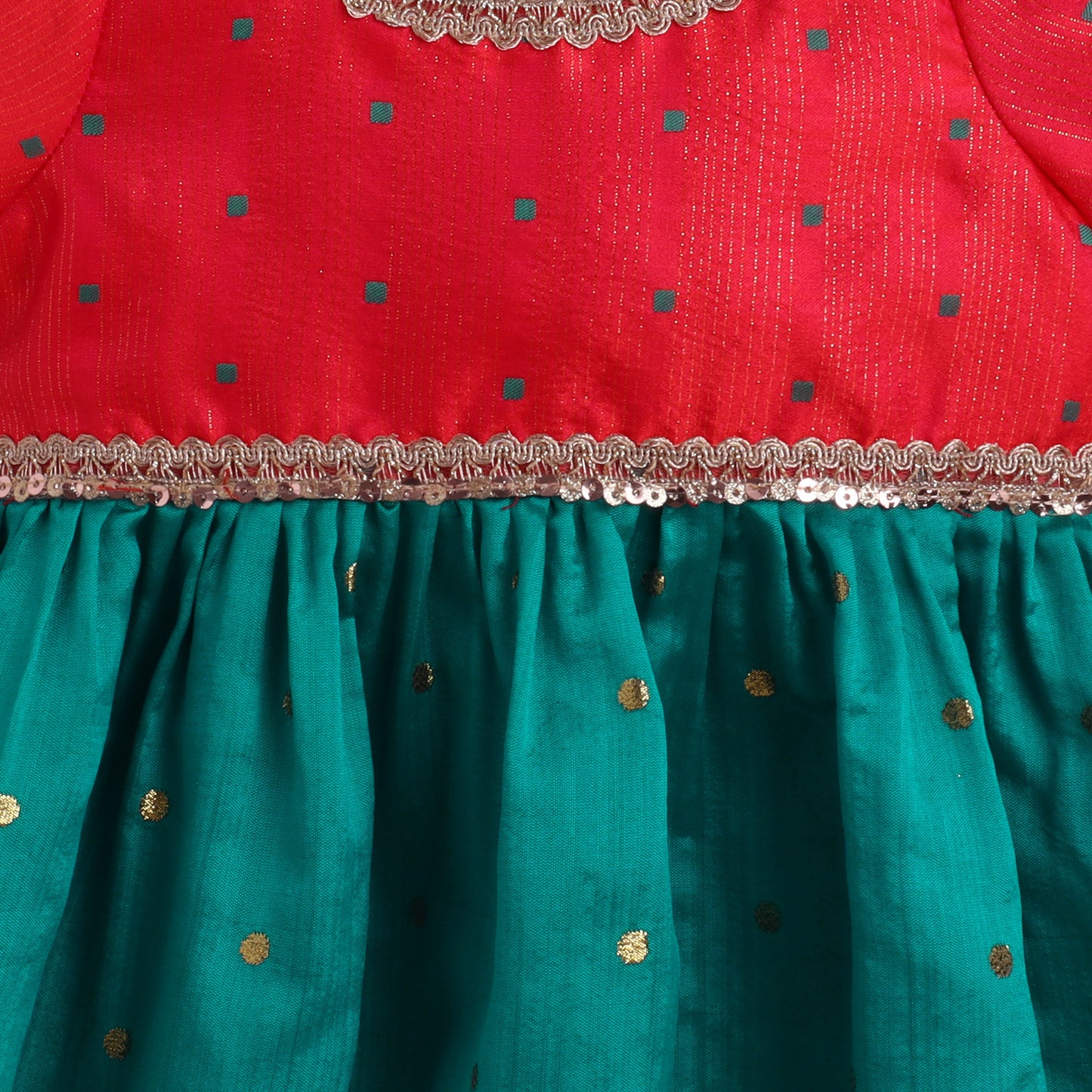 Many Frocks & woven boti lace embellished puff sleeves knee length ethnic frock - Pink & Green