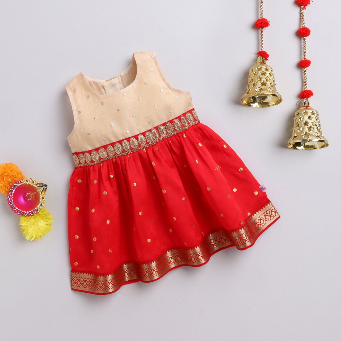 Many Frocks & poly silk sleeveless lace embellished woven boti knee length ethnic dress - Red & Beige