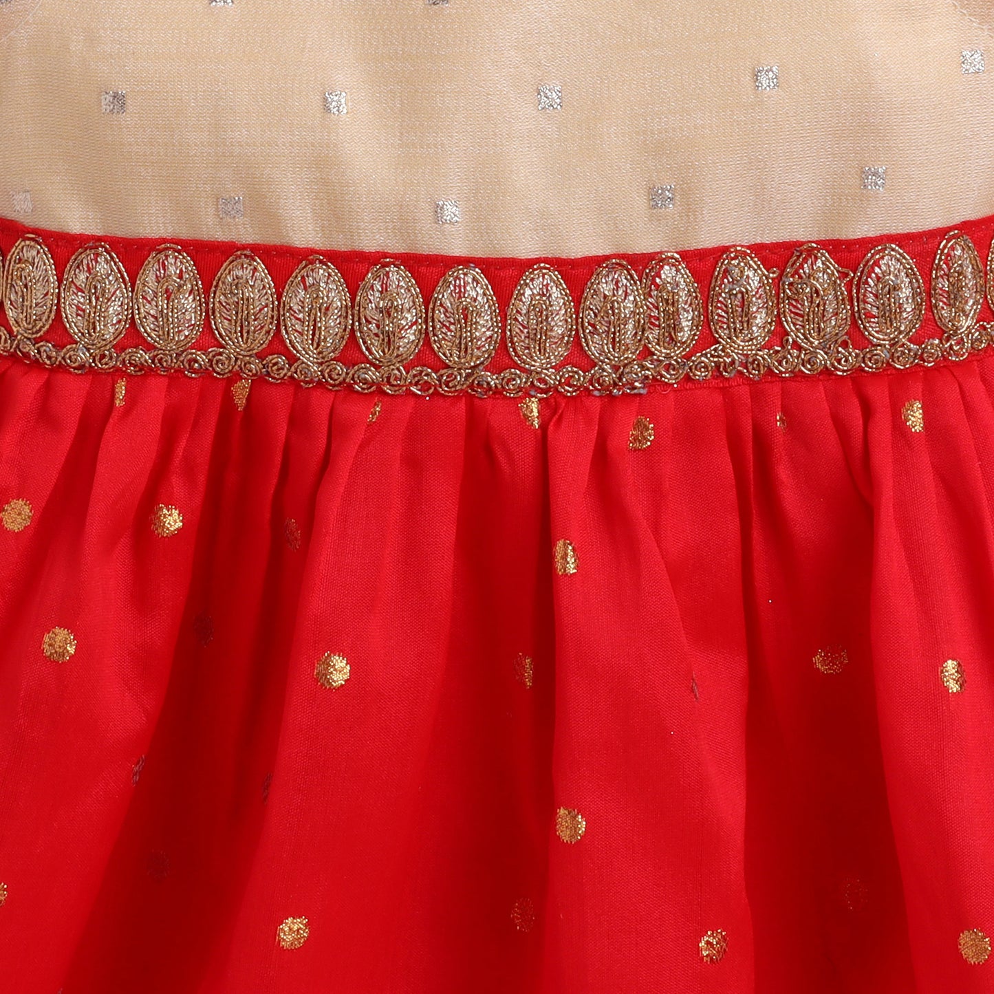 Many Frocks & poly silk sleeveless lace embellished woven boti knee length ethnic dress - Red & Beige