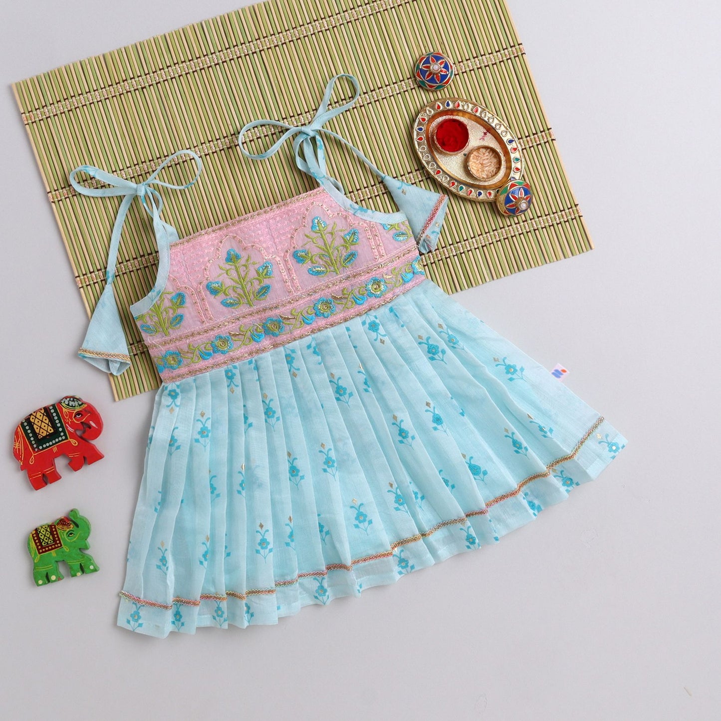Many Frocks & chanderi sleeveless embroidered yoke knee length ethnic dress - Pink & Blue