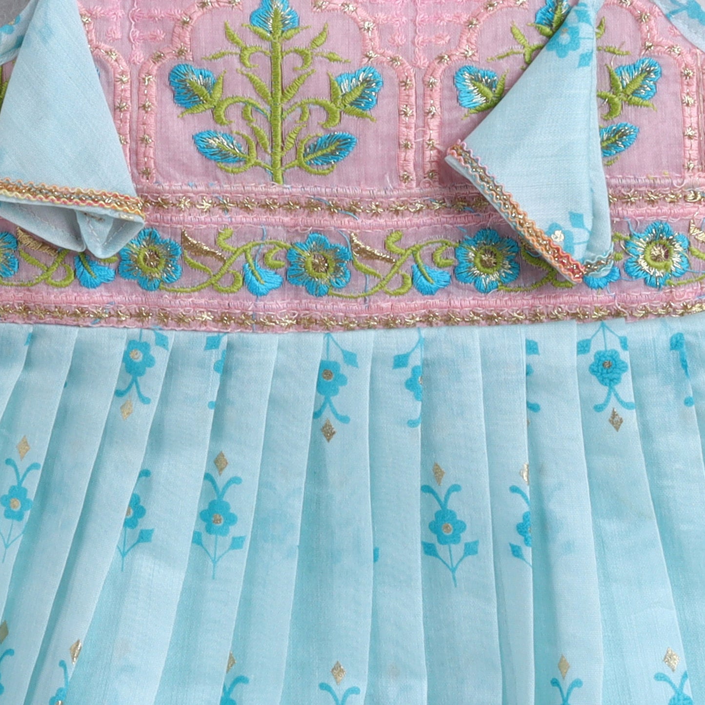 Many Frocks & chanderi sleeveless embroidered yoke knee length ethnic dress - Pink & Blue