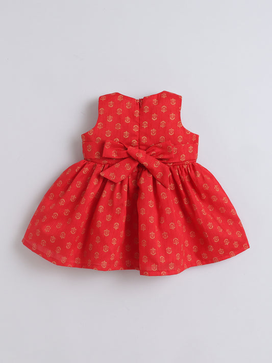 Many Frocks & Sleeveless Lace Embellished Knee Length Flared Baby Girls Ethnic Dress - Red & Beige