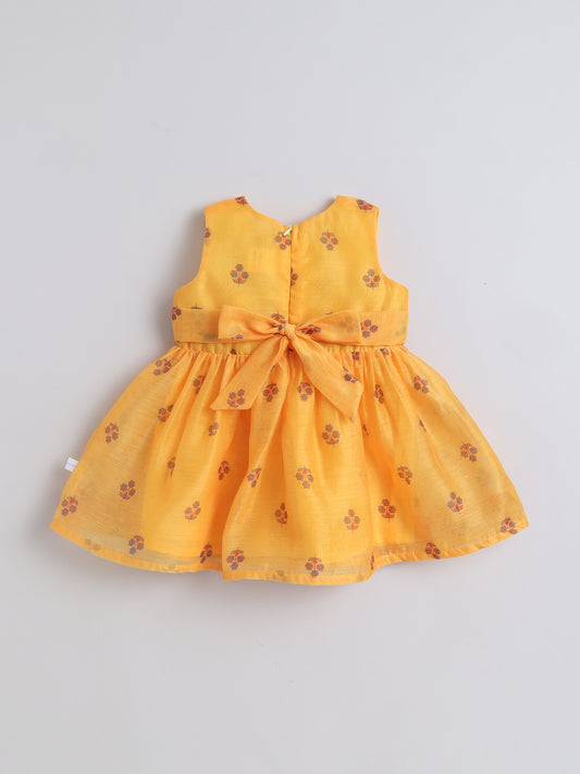 Many Frocks & Chanderi Sleeveless Lace Embellished Knee Length Flared Baby Girls Ethnic Dress - Mustard