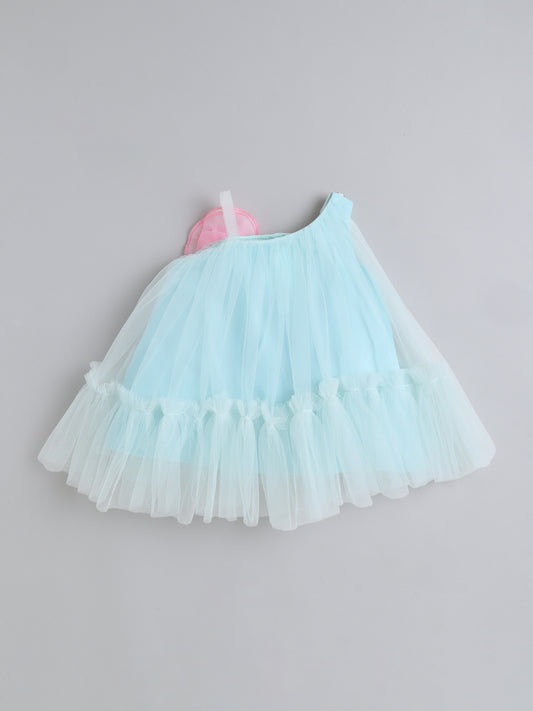 Many Frocks & Net Sleeveless One Shoulder Straps Sequin & Flower Embellished Knee Length Baby Party Dress - Sea Green