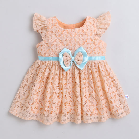Many Dresss & Net Flutter Sleeves Bow Embellished Knee Length Girls Party Dress-Peach