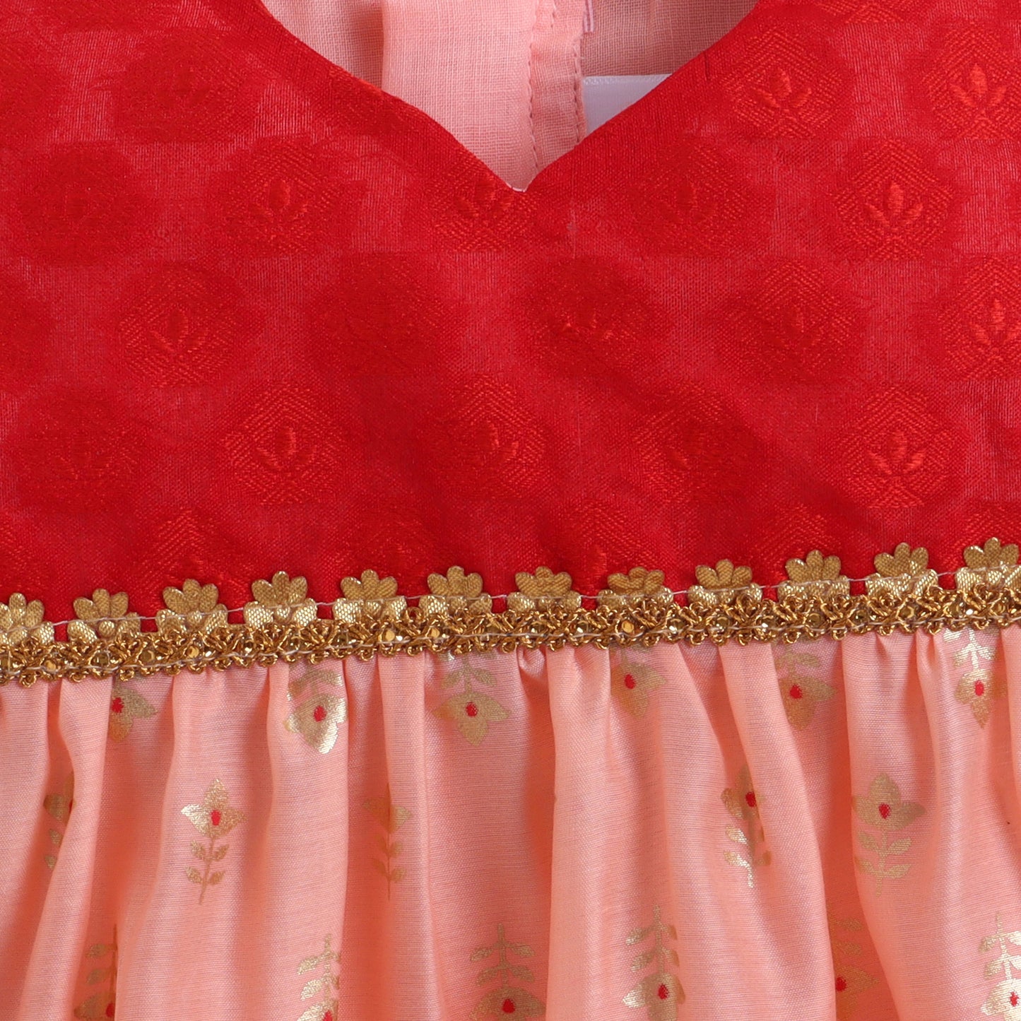 Many Frocks & Chanderi With Golden Boti Sleeveless Lace Embellished Knee Length Baby Ethnic Dress - Peach & Red